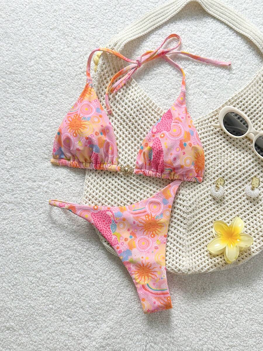 Swim Vcay Bộ bikini gợi cảm buộc dây cổ, in hình mặt người, dành cho nữ, thích hợp mặc đi biển mùa hè. - Nhiều màu - Xem 1