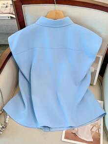SHEIN CURVE+ 大码女式纯色3D立体花卉装饰时尚衬衫 - 藍色 - 查看 2