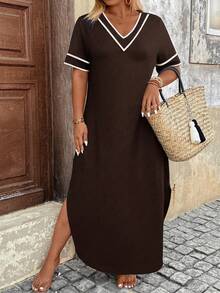 Breezaya Plus Size Casual Colorblock Striped Dress - Coffee Brown - View 6