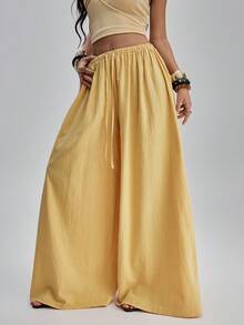 TypaGal Pantalones casuales anchos de cintura con cordón de unicolor para mujer - Amarillo - Ver 3