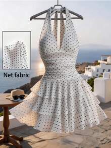 Franclia 女士夏季连衣裙，褶皱腰身，多层裙摆，女士蛋糕裙，针织网纱面料，露背吊带连衣裙，白色连衣裙，波点连衣裙，杏色派对连衣裙，吊带短款连衣裙，女士度假装，派对连衣裙，音乐节连衣裙，可爱连衣裙，温柔，知性，优雅，高端，优雅套装，通勤，日常，夏季，派对，海滩，约会，毕业典礼，商务办公，都市时尚百搭日常连衣裙 - 白色 - 查看 1