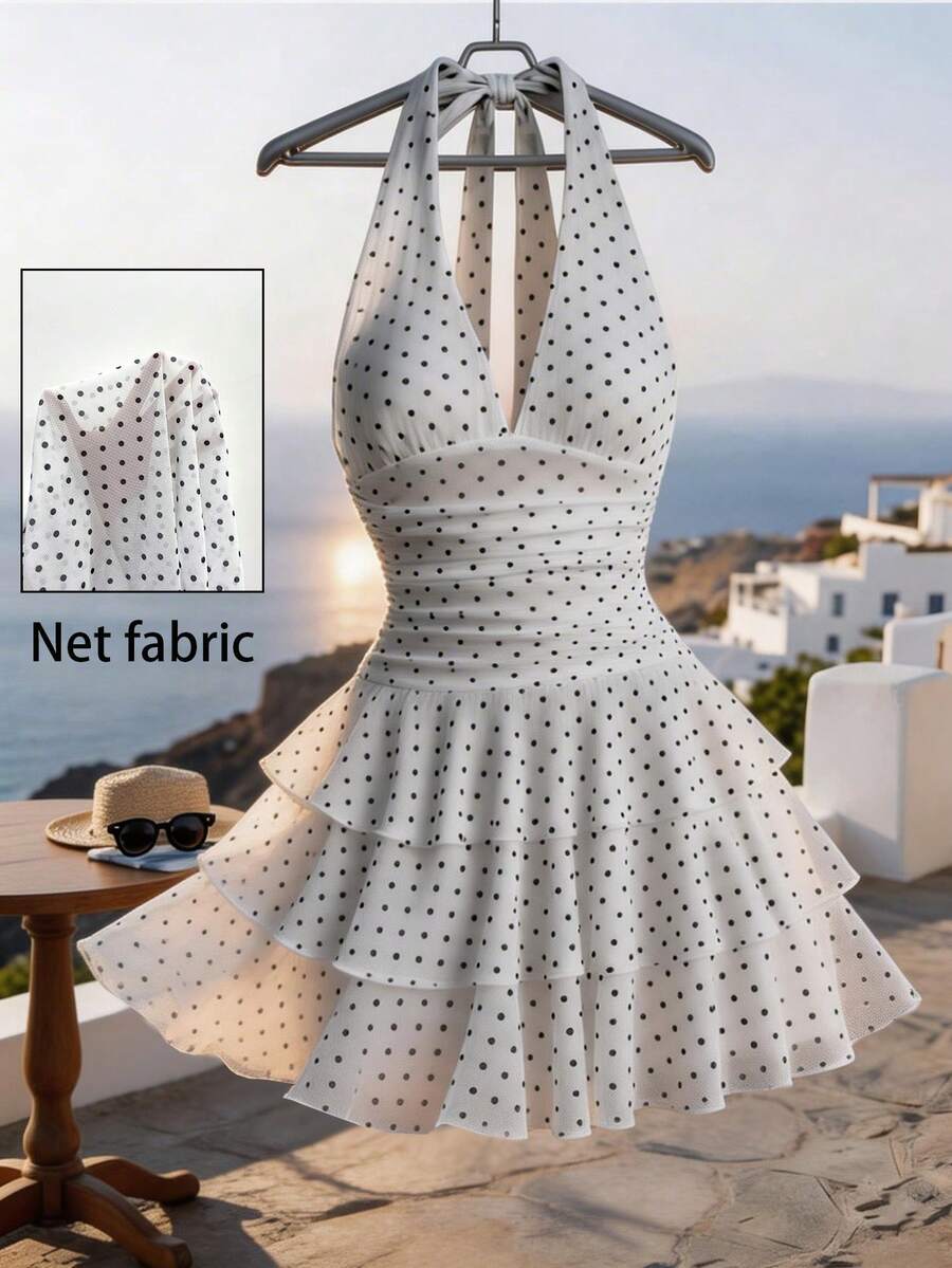 Franclia 女士夏季连衣裙，褶皱腰身，多层裙摆，女士蛋糕裙，针织网纱面料，露背吊带连衣裙，白色连衣裙，波点连衣裙，杏色派对连衣裙，吊带短款连衣裙，女士度假装，派对连衣裙，音乐节连衣裙，可爱连衣裙，温柔，知性，优雅，高端，优雅套装，通勤，日常，夏季，派对，海滩，约会，毕业典礼，商务办公，都市时尚百搭日常连衣裙 - 白色 - 查看 1