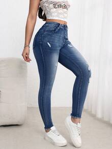 SHEIN ICON 女士纽扣前袋做旧修身牛仔裤 - 藍色 - 查看 8