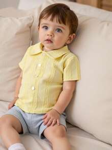 SHEIN Playful Pals Áo sơ mi ngắn tay dáng rộng cho bé trai, chất liệu vải dệt họa tiết, thích hợp cho mùa hè. - Màu vàng - Xem 6