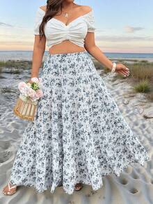 Sunnyshic Große Größen Blau Blumen Muster Casual Vielseitig Elegant Rock, Frühling/Sommer Y2k Midi Rock Zwei Teile mit Rock Damen Sommer Outfits Röcke für Damen Zwei Teile Brunch Outfits für Damen - Babyblau - Übersicht 3