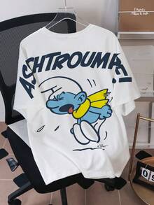 SHEIN X The Smurfs Camiseta de cuello redondo de manga corta minimalista para hombres, uso versátil diario - Blanco - Ver 1