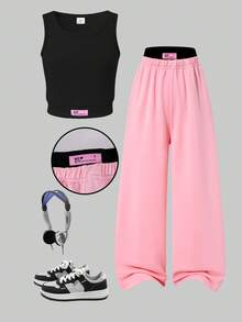 SHEIN 青少年女孩 2件組字母刺繡背心上衣與寬腿運動長褲，粉色夏季休閒度假運動風聚會套裝 - 黑色 - 查看 3