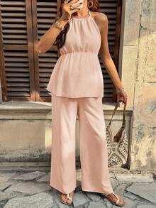 Lyckli Conjunto de 2 piezas de top de tirantes de unicolor y pantalones sueltos de cintura ajustable para maternidad de vacaciones - Rosa Pálido - Ver 3