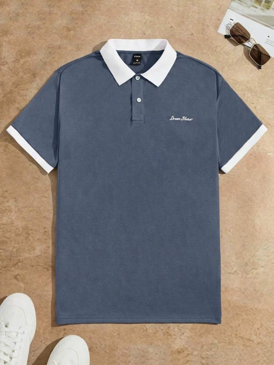 HIMLAND 男士字母圖案拼接邊POLO衫 - 霧霾藍 - 查看 1