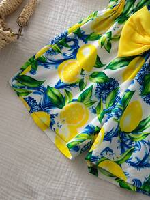 SHEIN Young Girl'Fashion Bright Yellow Ribbed Ruffle Sleeve T-Shirt&Lemon Print Shorts With Big Bow,Summer Matching Family Vacation Holiday Outfit Set - Yellow - View 4