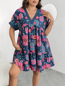 Enliva Plus-Size Women's V-Neck Short-Sleeved Casual Vacation Holiday Light Blue Summer Boho Floral Pattern Dress Flowy Music Festival For Apple Rounded Body - Multicolor - View 3