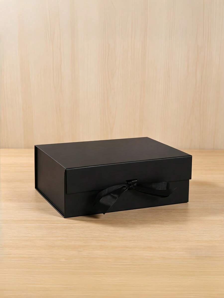 1 pieza Caja de regalo plegable de una sola pieza de cartón duro con lazo, elegante y resistente, decorativa para cumpleaños, vacaciones, cosméticos, fiestas, regalos, envoltura y almacenamiento en el hogar - Negro - Ver 1