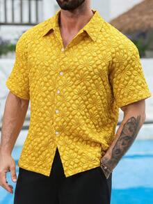 VENTUSAIL Áo sơ mi nam ngắn tay Manfinity Nomadique màu vàng họa tiết hoa jacquard, kiểu dáng thường ngày, thích hợp cho các hoạt động thường nhật như đi nghỉ mát, đi biển, tụ họp bạn bè, dự tiệc, đi làm, đi làm văn phòng, phong cách công sở tối giản, đặc biệt phù hợp cho mùa hè. Có thể mặc cá nhân hoặc làm quà tặng. Quà tặng cho bạn trai/chồng, quà tặng World Cup, quà kỷ niệm/sinh nhật, quà dự tiệc, kỳ nghỉ hè, quà cưới. - Màu vàng - Xem 4