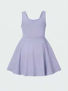 SHEIN 女童纯色圆领无袖修身休闲连衣裙运动装 - 紫色 - 查看 2