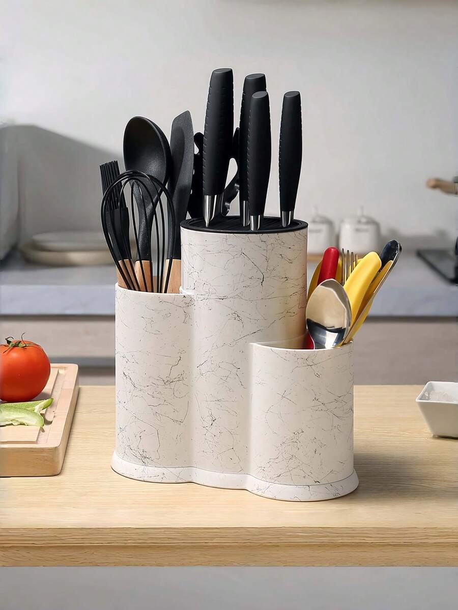 Multifunctional 3-In-1 Kitchen Knife Block Set, Space-Saving Universal Knife Holder For Chopper, Scissors & Chopsticks, Black Brushed Stainless Steel Utensil Organizer Rack, Countertop Storage Stand - 3-in-1 White Brushed - View 1