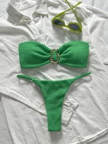 Swim Chiccia 春假女士沙滩夏季套装，女士纯色提花面料无肩带金属装饰性感比基尼套装，绿色泳装，适合度假邮轮旅行沙滩日光浴，两件套，夏季新款女士比基尼套装，绿色泳装，女士比基尼泳装套装，绿色比基尼套装，聚拢泳衣，绿色女士泳装 - 綠色 - 查看 2