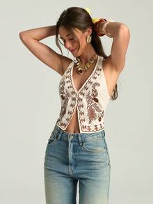 Firerie Chaleco con cuello de halter de patrón floral versátil para outfits de verano bohemios, ropa de estilo bohemio para mujeres - Beis - Ver 8