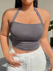 SHEIN EZwear 大码女式纯色吊带褶皱腰背心 - 灰色 - 查看 1
