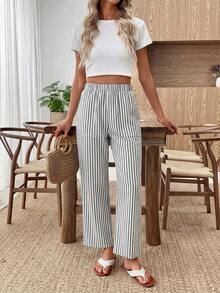 女士休闲裤，松紧腰带，条纹图案 - 彩色 - 查看 5