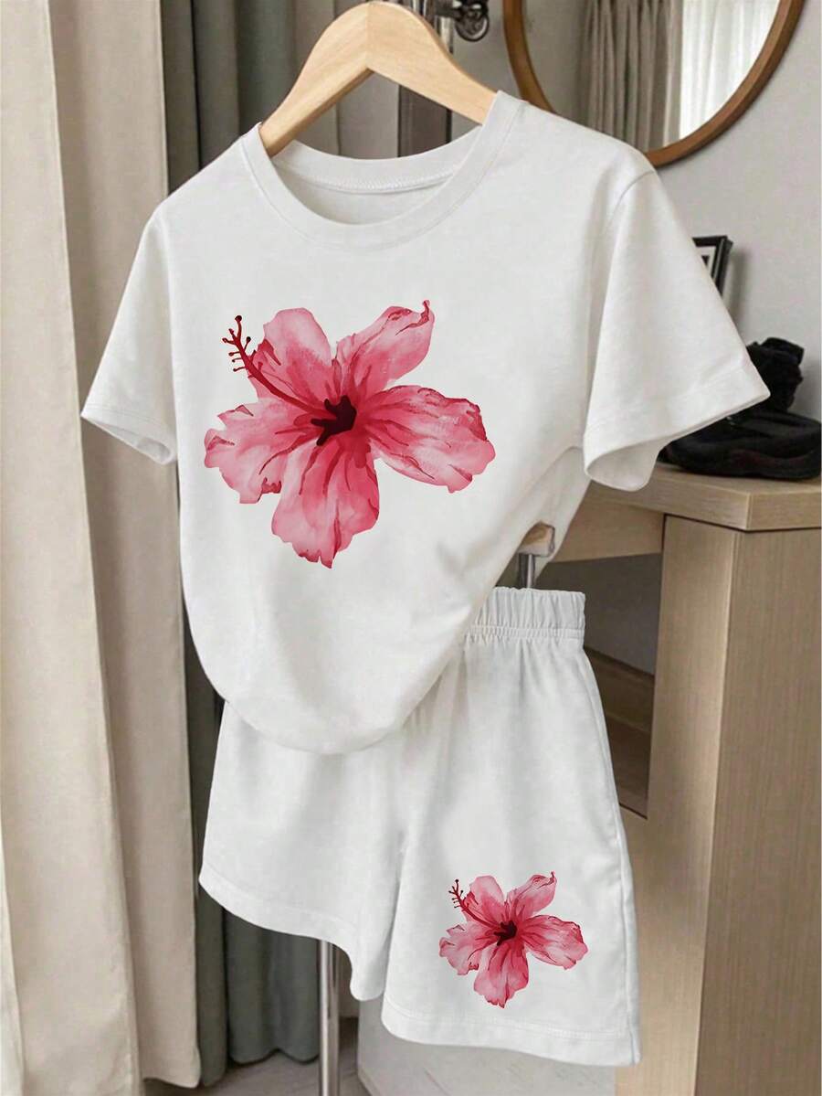 两件套少女休闲粉色碎花短袖上衣短裤套装,适合春、夏、秋季、街头穿着,适合女孩,舒适百搭,居家日常穿着,经典舒适的两件套,白色舒适两件套,适合度假和日常穿着。 - 白色 - 查看 1