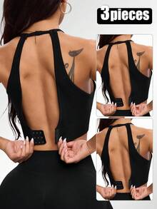 Velisys 3件套无缝针织女士运动文胸，带可拆卸胸垫和后扣 - 黑色 - 查看 1