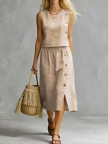LUMIGAL Solid Color Sleeveless Round Neck Top And Slit Hem Skirt Casual 2-Piece Set, Summer - Khaki - View 1