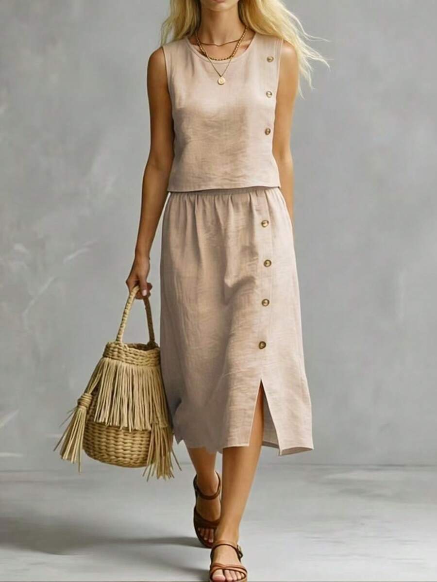 LUMIGAL Solid Color Sleeveless Round Neck Top And Slit Hem Skirt Casual 2-Piece Set, Summer - Khaki - View 1