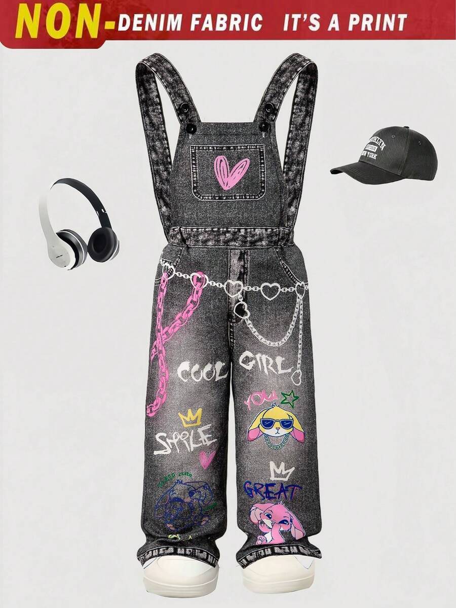 Young Girl' Woven Chain, Funny Rabbit & Letter Print Bib Pants, Fashionable Back-To-School Item, Personalized Jumpsuit For Spring, Summer, Autumn - Black - View 1