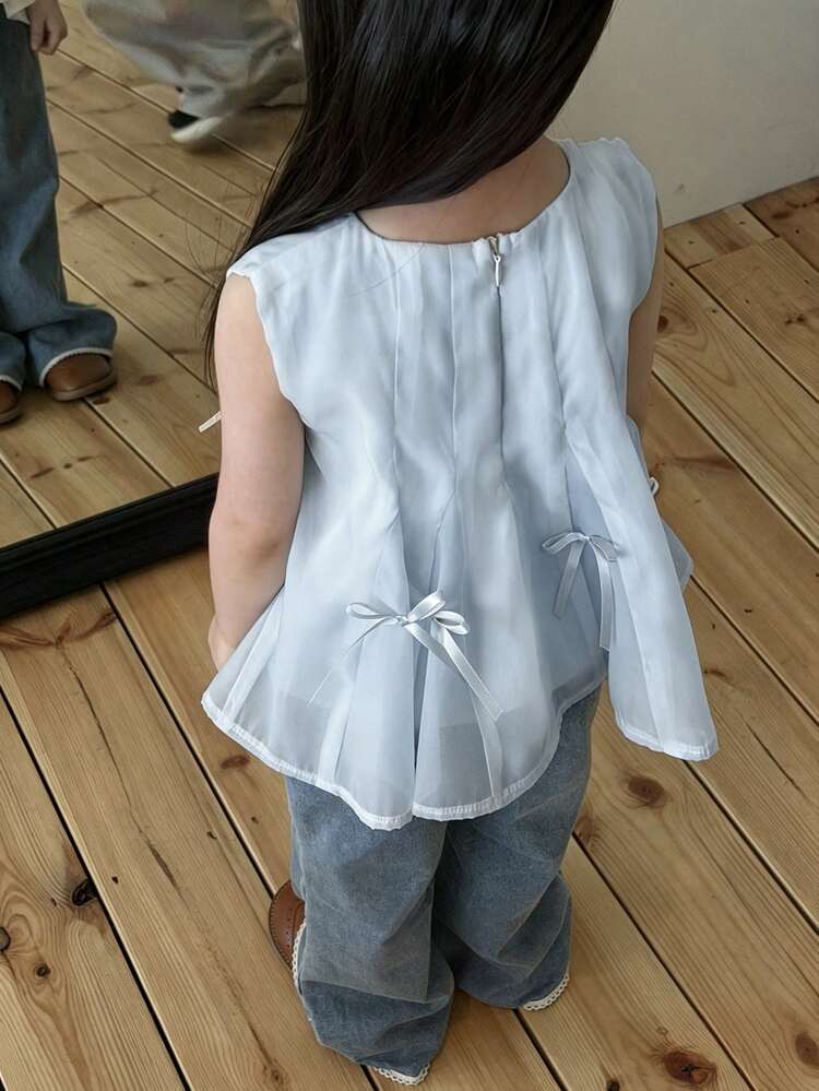 Baby Girls' Round Neck Bow Decor Sleeveless Blouse, Fresh Korean Style Summer