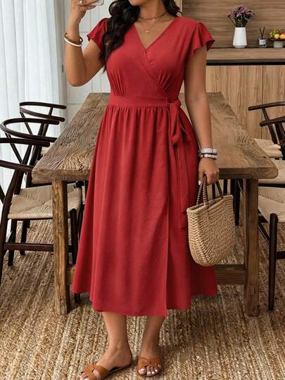 SHEIN Frenchy Plus Size Women Summer Casual Vacation Simple Solid Color Surplice Neck Cap Sleeve Tie Waist Dress Red Summer Dress Women Short Sleeve Maxi Dress Casual Long Dress Ankle Length Dress Elegant Midi Dress