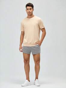 Manfinity VCAY Men's Casual Solid Color Drawstring Waist Knit Shorts, Summer Shorts - Dark Grey - View 3