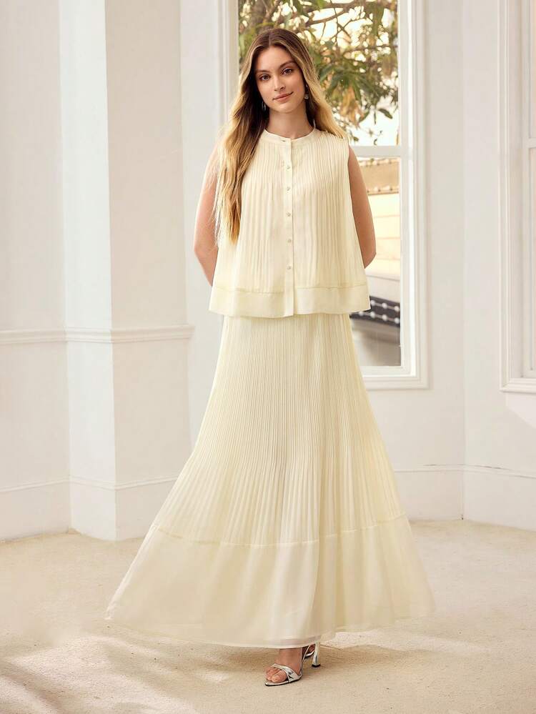 2PCS/SET WOMEN IVORY PLEATED SLEEVELESS TOP AND SKIRT, SUITABLE FOR DAILY WEAR AND DATES, SPRING/SUMMER