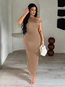 SHEIN SXY 不对称领口棕色优雅连衣裙 - 卡其色 - 查看 3