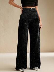 Anewsta Tall Quần jeans nữ ống rộng dáng suông đính đá lấp lánh, thích hợp mặc thường ngày. - màu đen - Xem 3