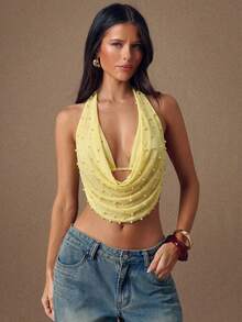 SHEIN BAE Top de bikini sexy con escote halter, espalda descubierta y cordones, forrado, de color amarillo, para primavera/verano - Amarillo - Ver 3