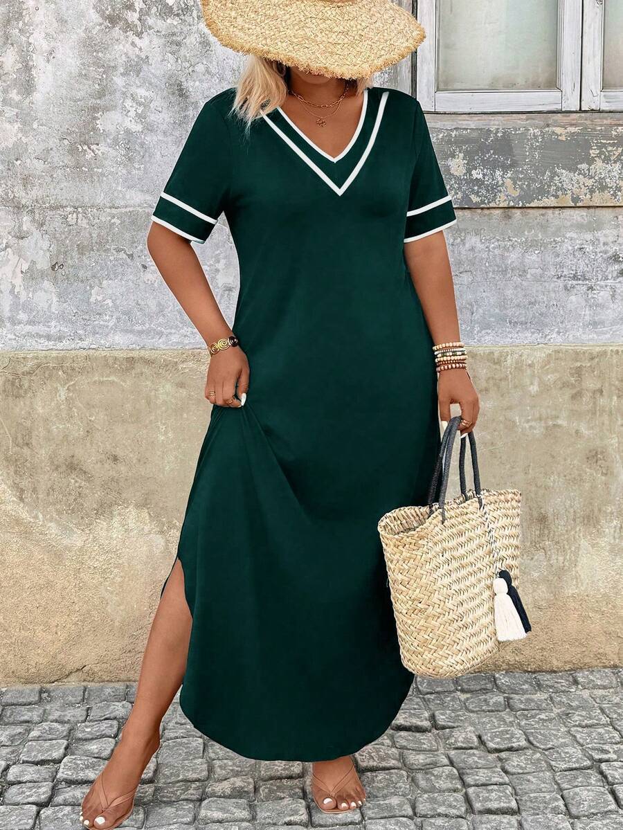 Breezaya Vestido casual de mujer talla grande con cuello en V y mangas cortas a rayas - Verde Oscuro - Ver 1