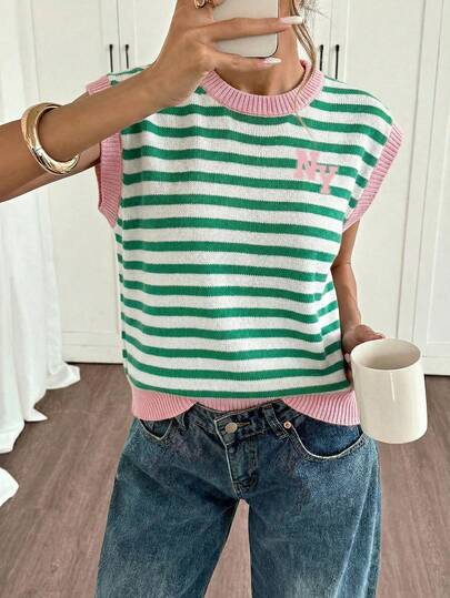 Siren Gaze Áo len nữ phong cách tối giản thường ngày, màu xanh Địa Trung Hải và trắng kẻ sọc phối màu với điểm nhấn màu hồng và họa tiết NY - Phong cách cổ điển, mềm mại, thích hợp cho mùa xuân/hè, hoàn hảo cho công sở, kỳ nghỉ hoặc trở lại làm việc.