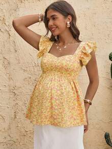 Boho Mama Áo sơ mi bầu tay ngắn họa tiết hoa nhí kiểu dáng thường ngày - Màu vàng - Xem 3