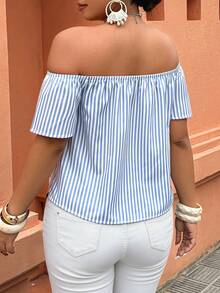 Weeklong Plus Size Women's Off-Shoulder Vacation Shirt With Floral Stripes And Ruffle Hem, Suitable For Daily And Vacation Wear - Multicolor - View 2