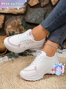 SHEIN Giày thể thao nữ đa năng, cổ thấp, đế dày, chất liệu lưới, có dây buộc, thích hợp cho chạy bộ và du lịch, hoàn hảo cho mùa xuân và mùa thu. - Hồng - Xem 4