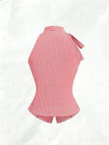 SHEIN Franclia 春夏休闲时尚系带无袖修身V领开襟竖排纽扣腰部褶皱修身女式衬衫 - 紅色 - 查看 2