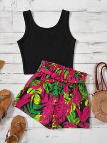 SHEIN 少女夏季度假印花背心和纸袋短裤两件套 - 彩色 - 查看 4