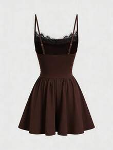 SHEIN PariChic Women's New Lace Patchwork Draped Neck Waist Cinched A-Line Camisole Mini Dress - Brown - View 2