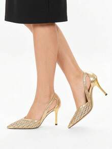 Glitzique 女士尖头魅力时尚网纱透气性感派对婚礼百搭水钻高跟鞋，细高跟鞋 - 金色 - 查看 2