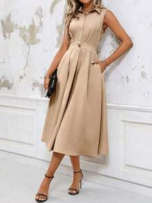 女士纯色简约日常A字无袖连衣裙，新年服装，长款女装 - 卡其色 - 查看 3