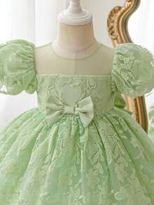 SHEIN Glamorique Kids 女婴蝴蝶结装饰褶皱派对连衣裙 - 綠色 - 查看 4