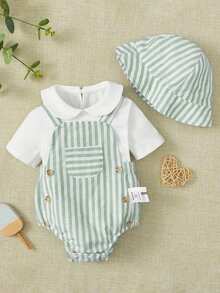 SHEIN 3pcs Newborn Baby Casual Simple Short Sleeve Top And Striped Button Pocket Romper + Hat Set - Mint Green - View 6