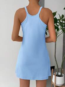 SHEIN EZwear 女士纯色无袖吊带连衣裙，内置短裤，休闲日常穿着，有加大码可选，女士吊带连衣裙，蓝色女士吊带连衣裙 - 藍色 - 查看 2