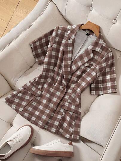 Franclia Plus Size Women Plaid Notched Collar Casual Versatile Commuting Blazer
