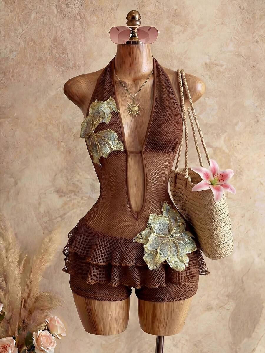 SHEIN BamGlam Bộ áo liền quần nữ kiểu dáng thường ngày, cổ yếm, hở lưng, chất liệu jacquard. - màu nâu - Xem 1